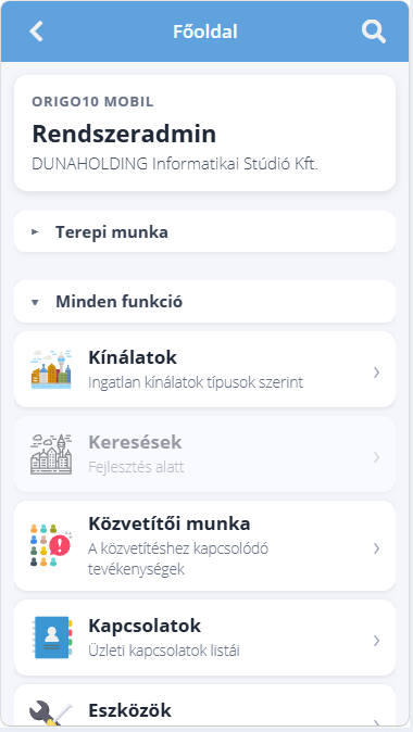 Az Ingatlannyilvántartás mobil felületének főmenüje