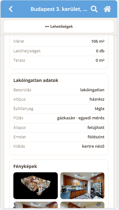 Lakóingatlan adatlap az Ingatlannyilvántartás mobil felületén